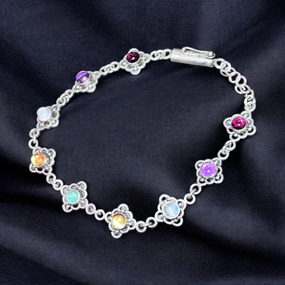 Vintage Multi Precious Gemstone Sterling Silver Chain Tennis Bracelet - Picture 1 of 8
